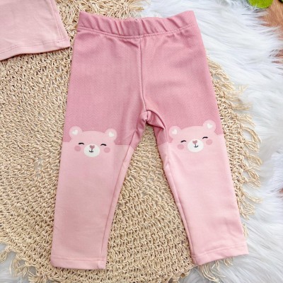 Conj. Colete de Pelinho, Blusa Manga Longa Ursinha e Calça Legging - Rose e Off White